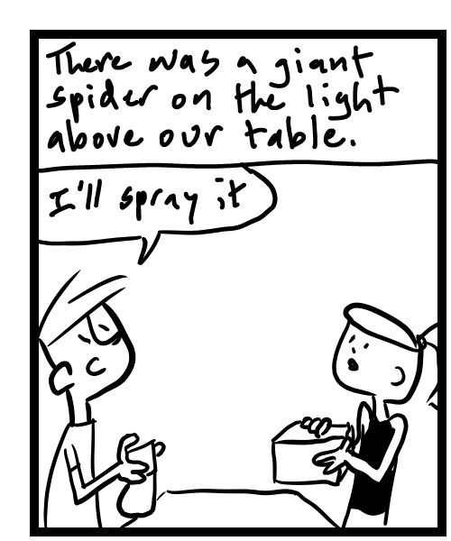 A four-panel comic about people trying to get a spider from the ceiling - Panel 1