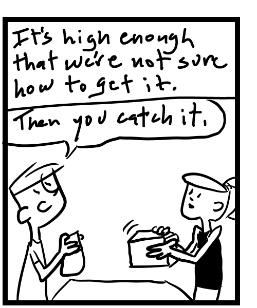 A four-panel comic about people trying to get a spider from the ceiling - Panel 2