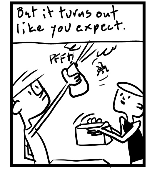 A four-panel comic about people trying to get a spider from the ceiling - Panel 3
