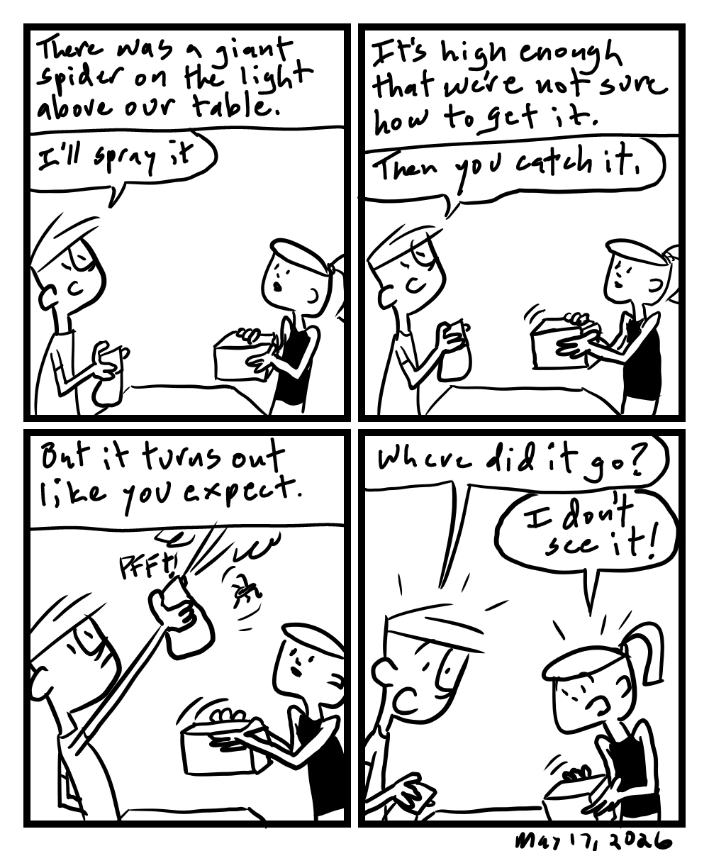 A four-panel comic about people trying to get a spider from the ceiling