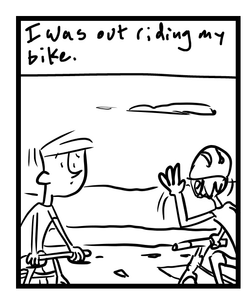 A four-panel comic about a person riding their bike an misunderstanding a signal - Panel 1