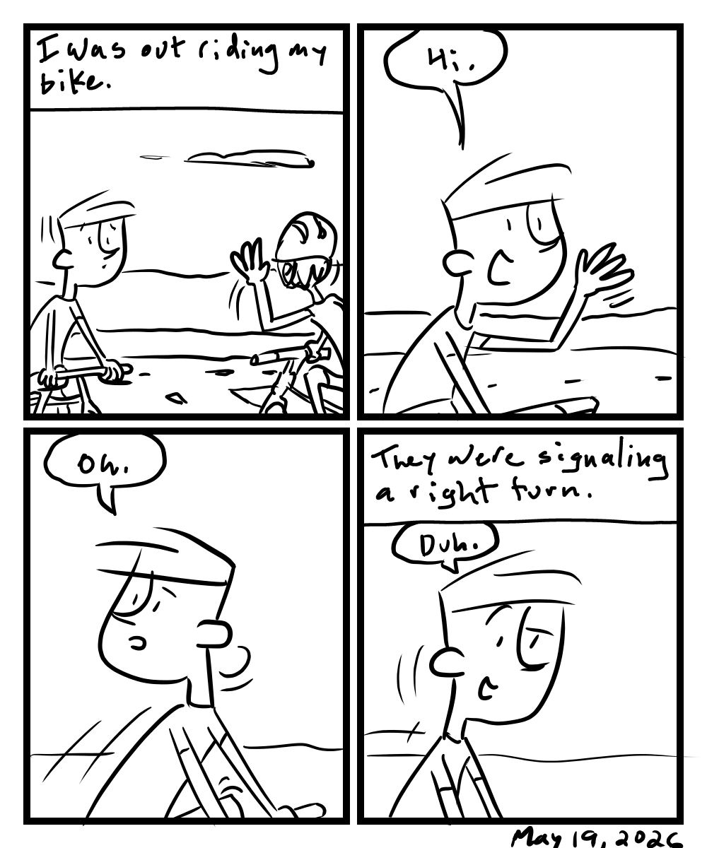 A four-panel comic about a person riding their bike an misunderstanding a signal