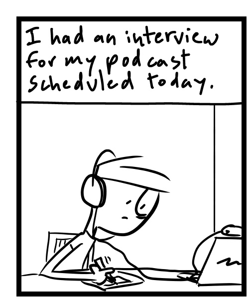 A four-panel comic about a person drawing while waiting to talk on a video chat - Panel 1