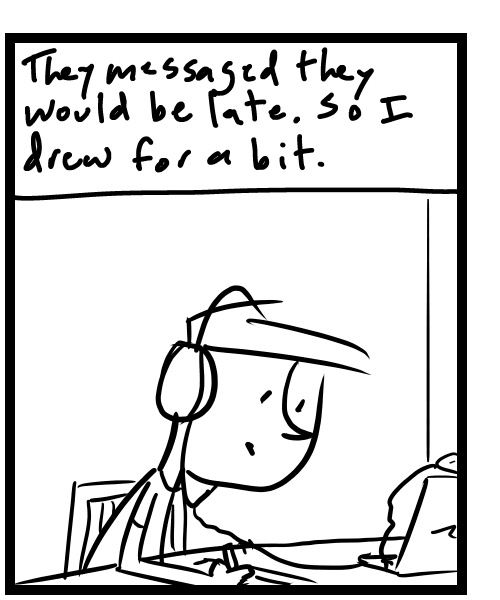 A four-panel comic about a person drawing while waiting to talk on a video chat - Panel 2