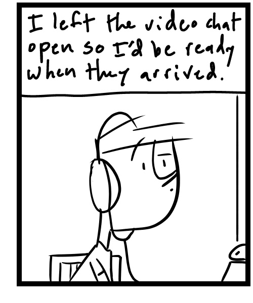 A four-panel comic about a person drawing while waiting to talk on a video chat - Panel 3