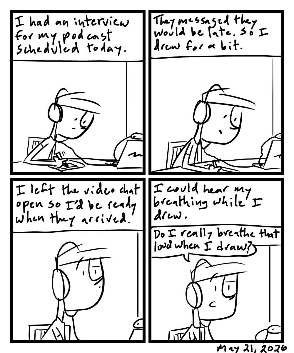 A four-panel comic about a person drawing while waiting to talk on a video chat