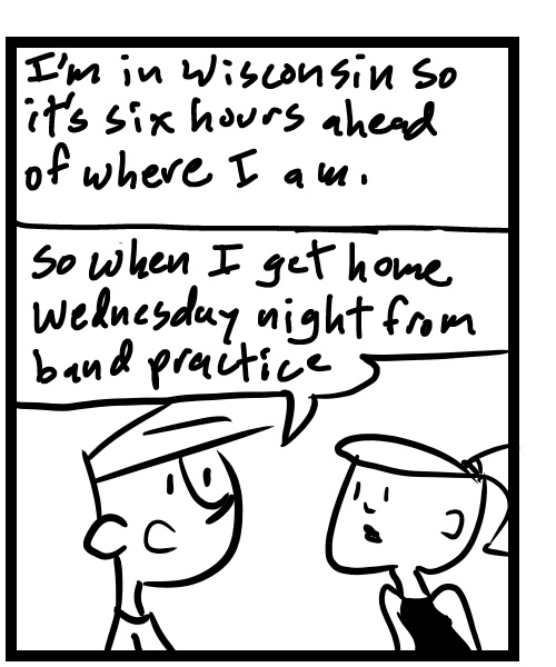 A four-panel comic about people discussing an event that is in a different timezone and getting confused - Panel 2