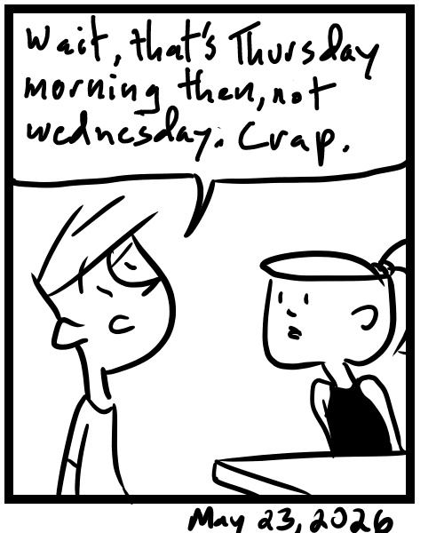 A four-panel comic about people discussing an event that is in a different timezone and getting confused - Panel 4