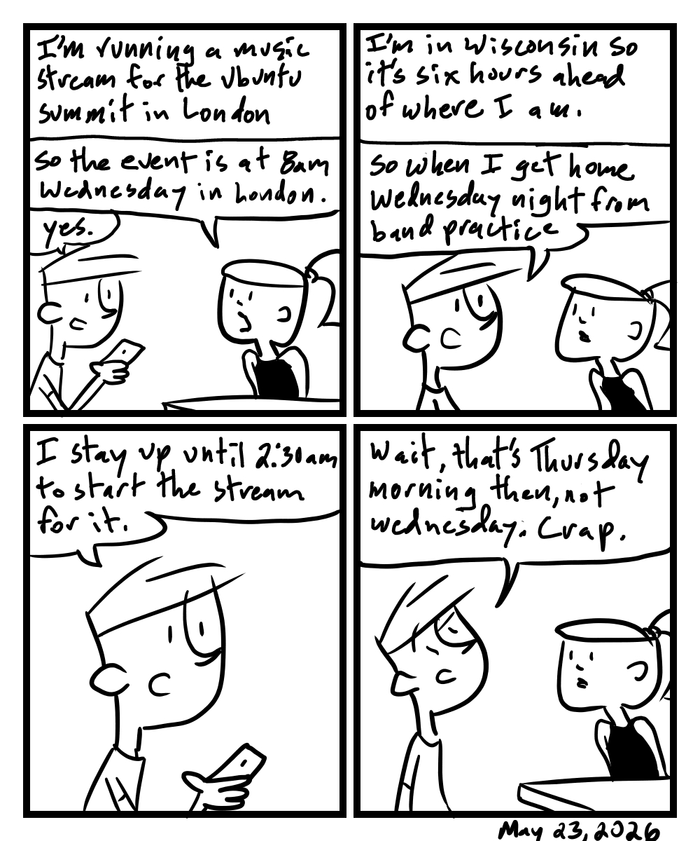 A four-panel comic about people discussing an event that is in a different timezone and getting confused