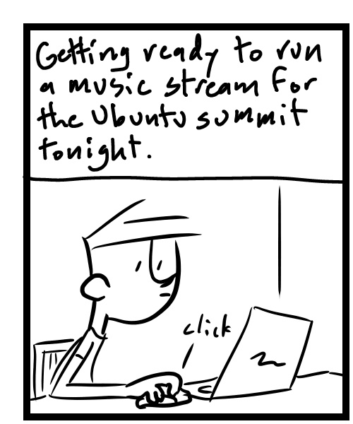 A four-panel comic about a person setting up a live music stream on a laptop - Panel 1