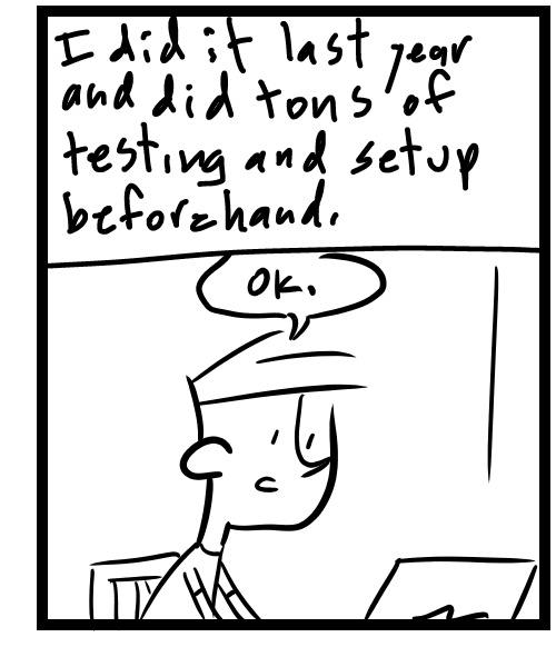 A four-panel comic about a person setting up a live music stream on a laptop - Panel 3