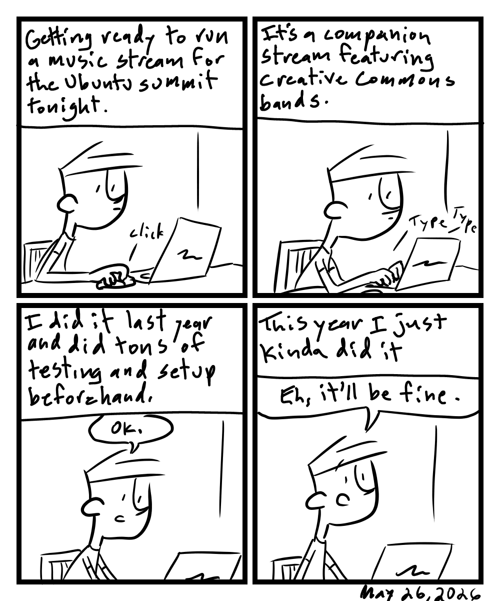 A four-panel comic about a person setting up a live music stream on a laptop