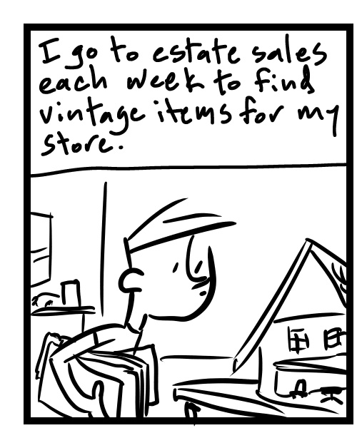 A four-panel comic about a person considering what vintage items to buy for his online store - Panel 1
