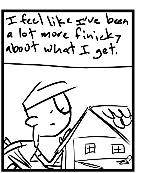 A four-panel comic about a person considering what vintage items to buy for his online store - Panel 2