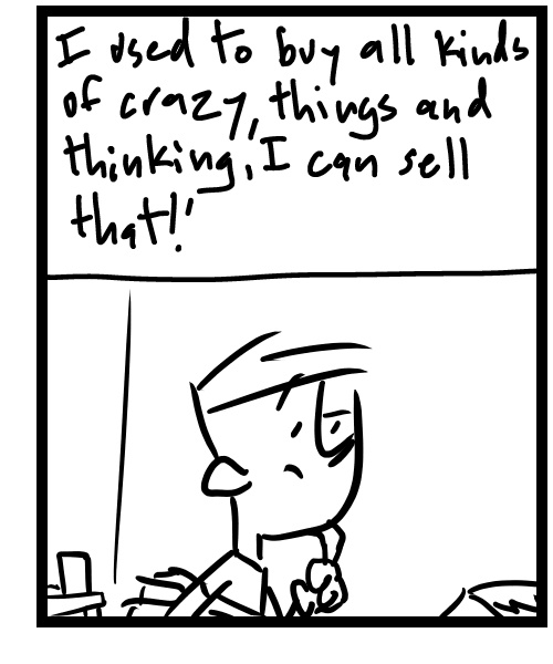 A four-panel comic about a person considering what vintage items to buy for his online store - Panel 3