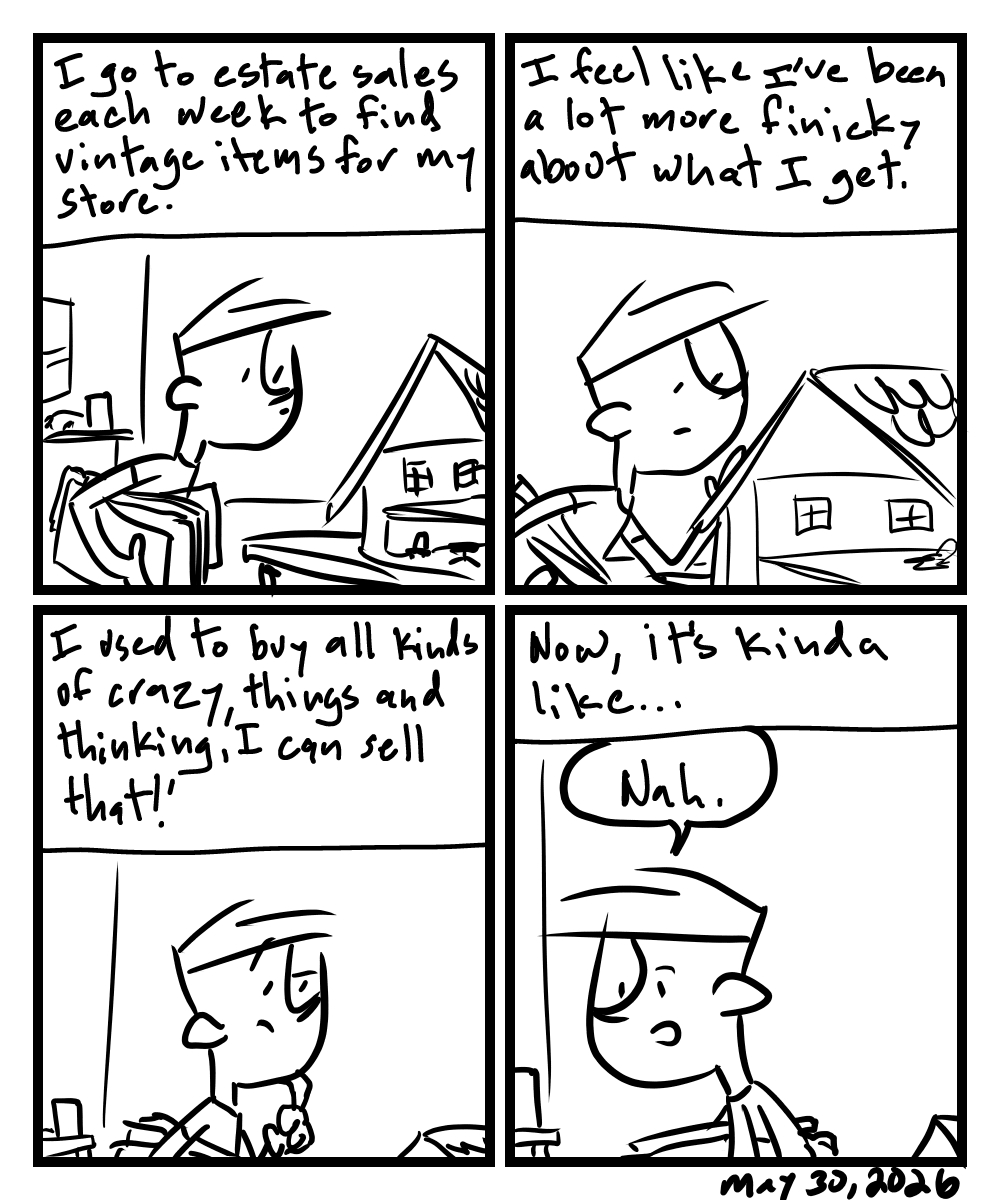 A four-panel comic about a person considering what vintage items to buy for his online store