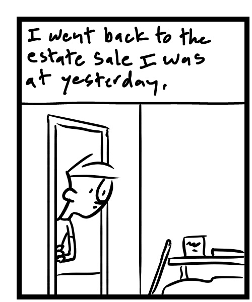 A four-panel comic about a person looking around an estate sale for a vintage drawing board - Panel 1