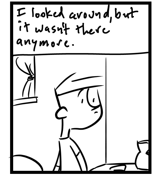A four-panel comic about a person looking around an estate sale for a vintage drawing board - Panel 3