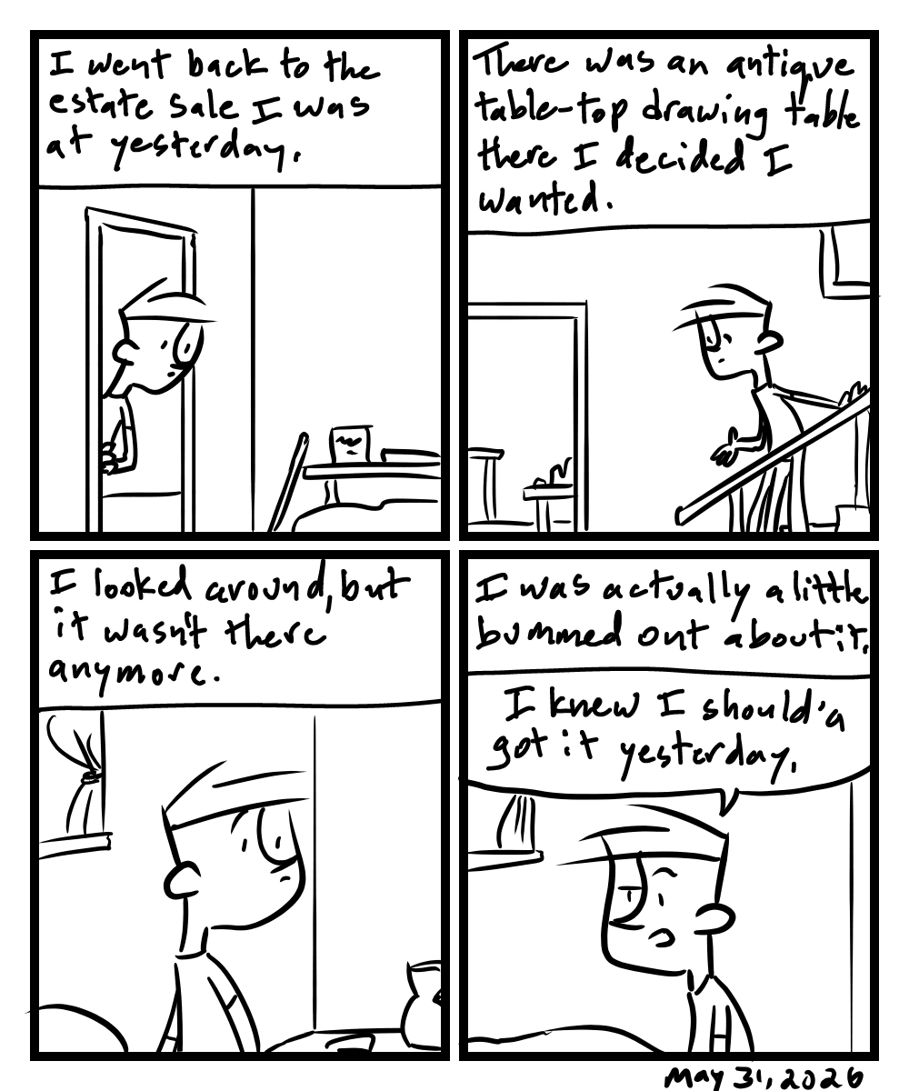 A four-panel comic about a person looking around an estate sale for a vintage drawing board
