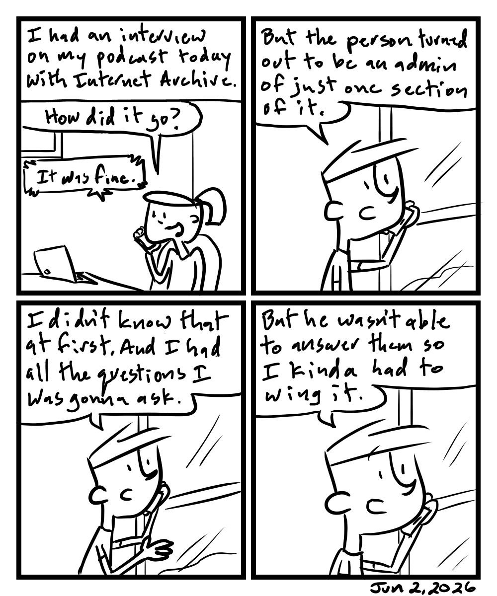 A four-panel comic about people talking on the phone about how a podcast interview went