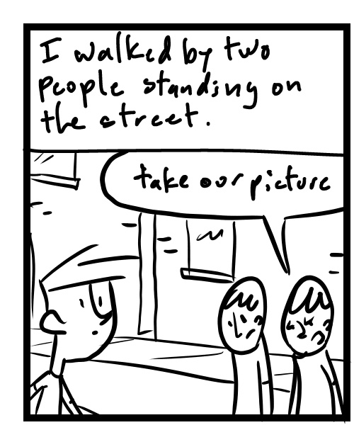 A four-panel comic about a person walking down the street thinking about a comment - Panel 1