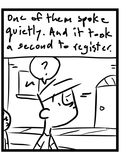 A four-panel comic about a person walking down the street thinking about a comment - Panel 2