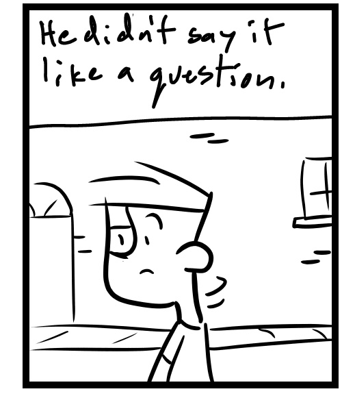A four-panel comic about a person walking down the street thinking about a comment - Panel 3