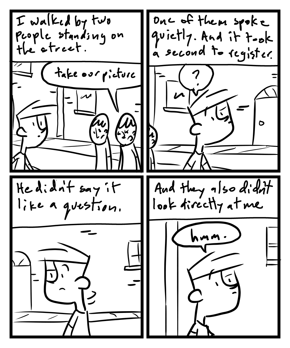 A four-panel comic about a person walking down the street thinking about a comment