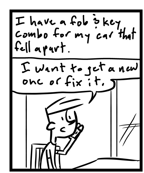 A four-panel comic about a person trying to get a new key for his car - Panel 1