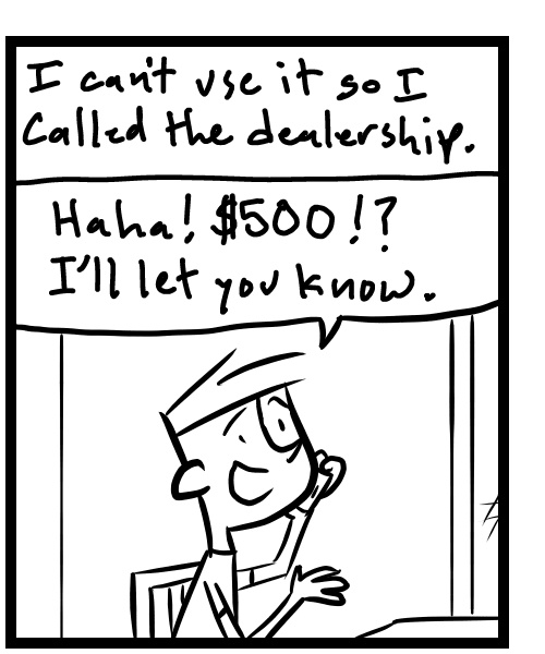 A four-panel comic about a person trying to get a new key for his car - Panel 2
