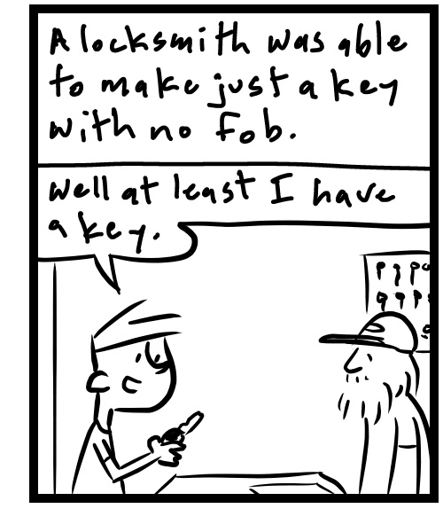 A four-panel comic about a person trying to get a new key for his car - Panel 3