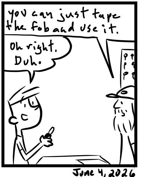 A four-panel comic about a person trying to get a new key for his car - Panel 4
