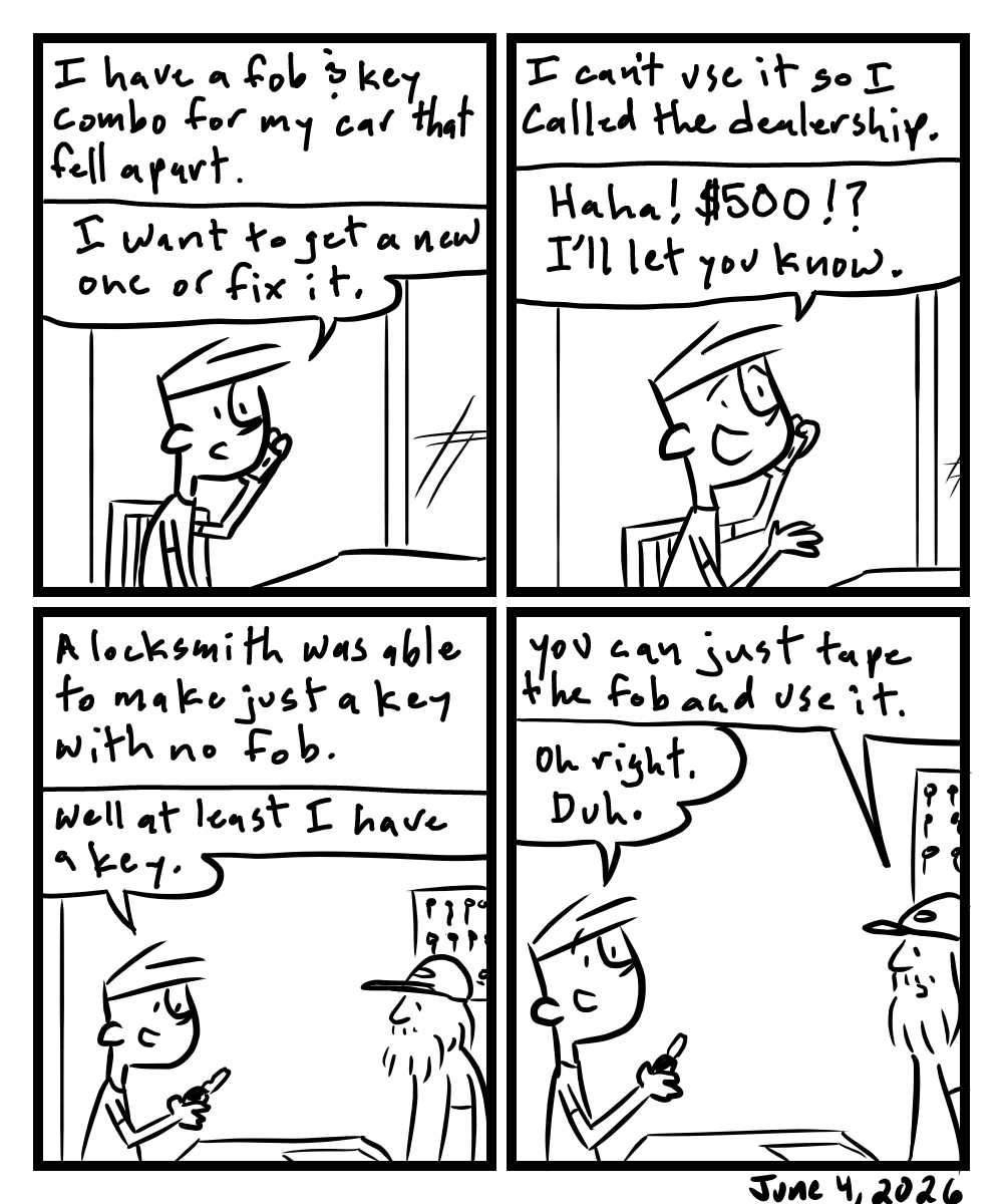 A four-panel comic about a person trying to get a new key for his car