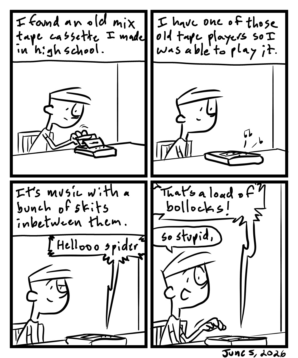 A four-panel comic about a person listening to an old cassette tape they made in high school