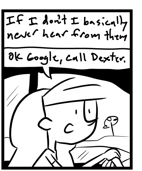 A four-panel comic about a person calling people on his phone in the car but no one answers - Panel 2