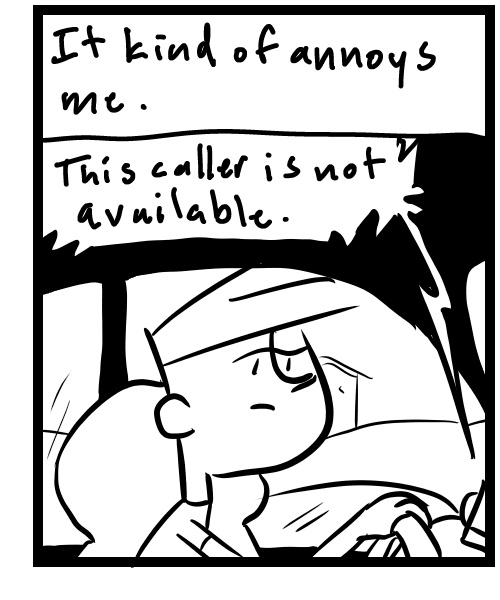 A four-panel comic about a person calling people on his phone in the car but no one answers - Panel 3