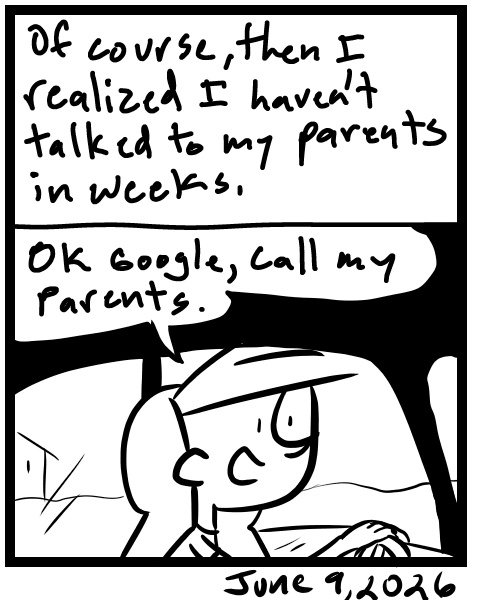 A four-panel comic about a person calling people on his phone in the car but no one answers - Panel 4