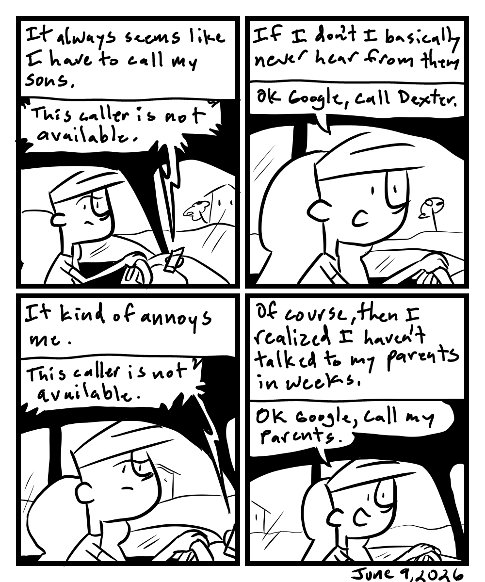A four-panel comic about a person calling people on his phone in the car but no one answers