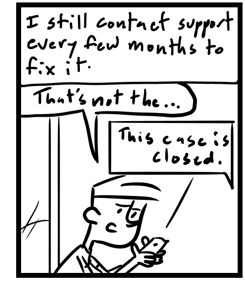 A four-panel comic about a person texting support about a Facebook marketplace issue - Panel 3