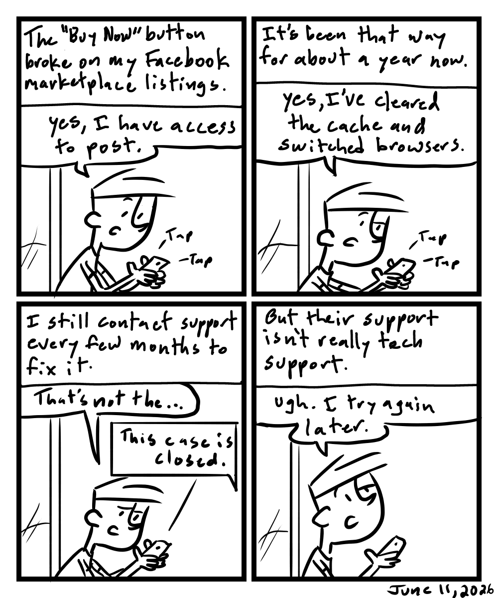 A four-panel comic about a person texting support about a Facebook marketplace issue