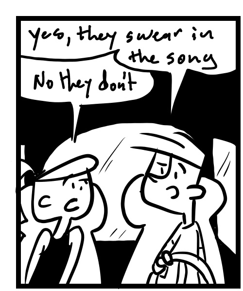 A four-panel comic about people discussing the lyrics to the song greased lighting from the movie Grease - Panel 1