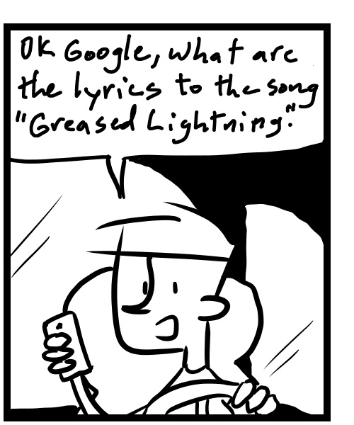 A four-panel comic about people discussing the lyrics to the song greased lighting from the movie Grease - Panel 2