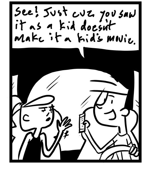 A four-panel comic about people discussing the lyrics to the song greased lighting from the movie Grease - Panel 3