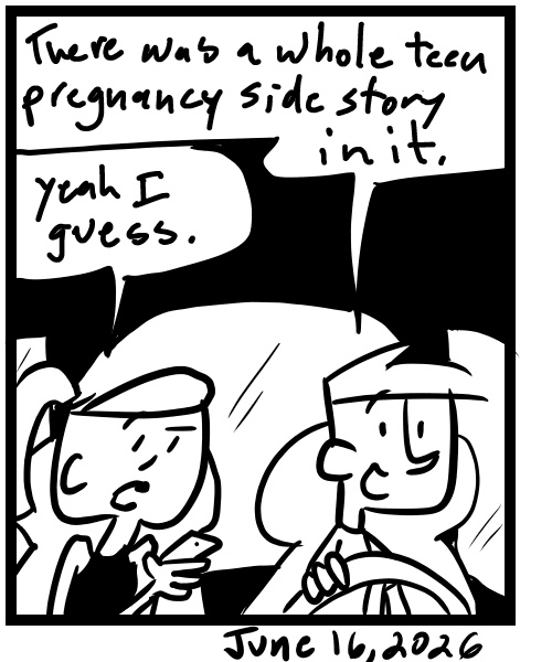 A four-panel comic about people discussing the lyrics to the song greased lighting from the movie Grease - Panel 4