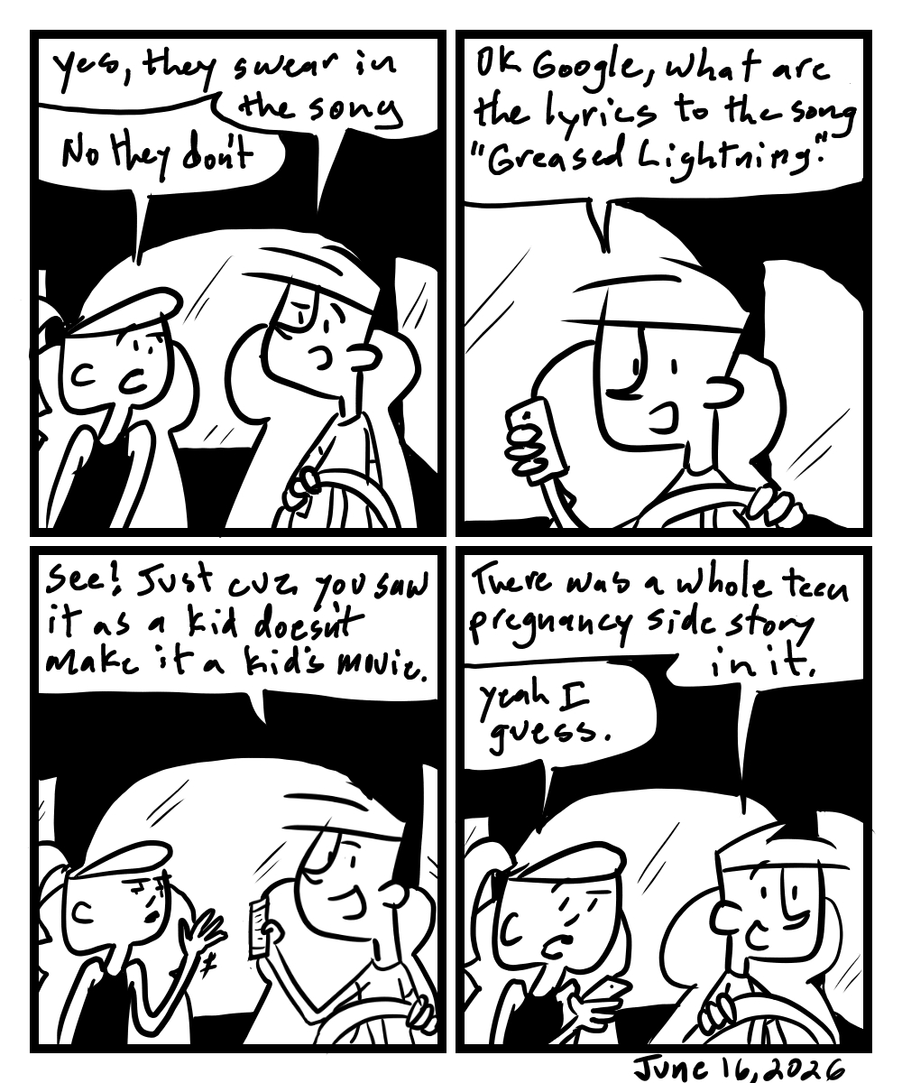 A four-panel comic about people discussing the lyrics to the song greased lighting from the movie Grease