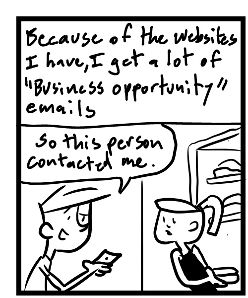 A four-panel comic about people discussing an email about selling their website domain name - Panel 1