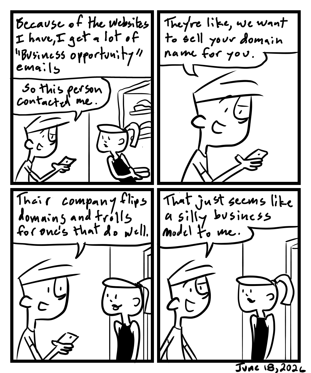 A four-panel comic about people discussing an email about selling their website domain name