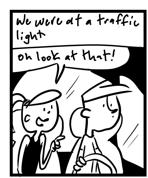 A four-panel comic about people watching a parade of naked bike riders at an intersection - Panel 1