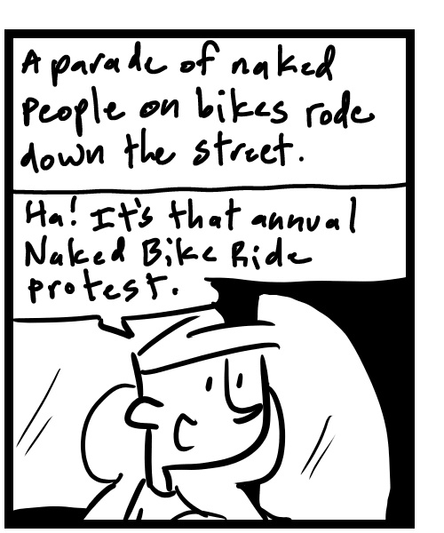 A four-panel comic about people watching a parade of naked bike riders at an intersection - Panel 2