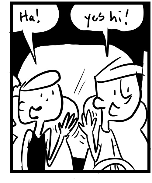 A four-panel comic about people watching a parade of naked bike riders at an intersection - Panel 3